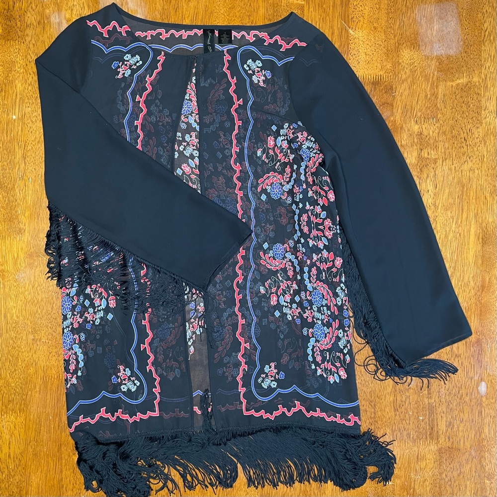Stevie Nicks Boho Festival Floral Red, Blue, & Purple Fringe Cardigan